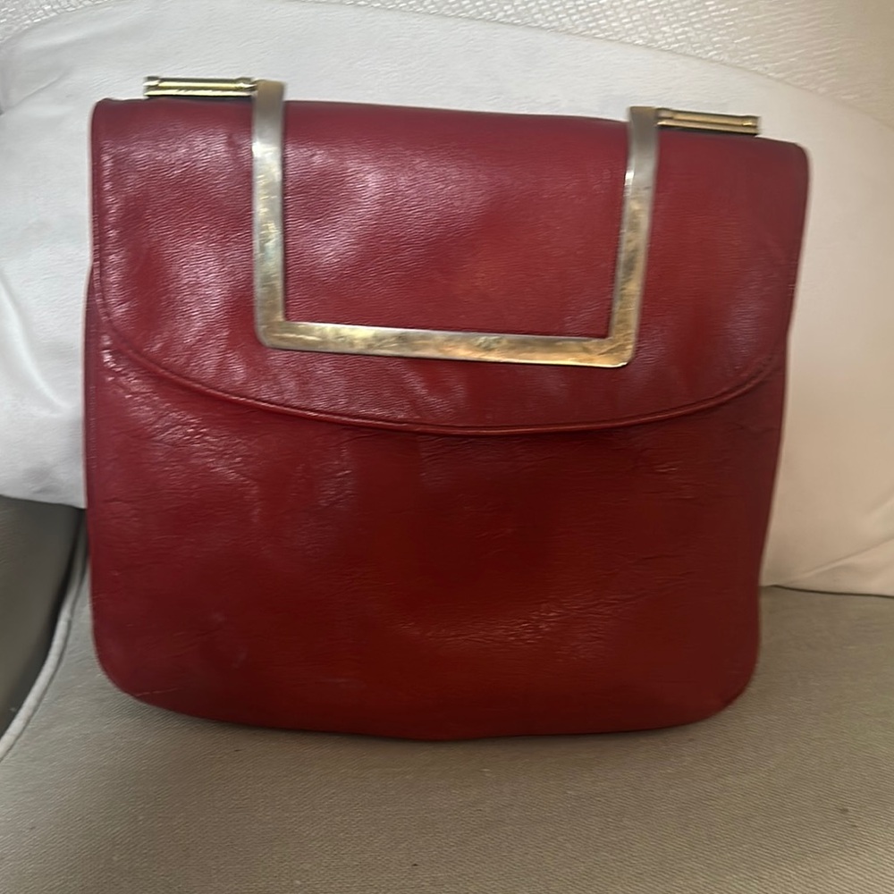 Classic Red Leather Shoulder Bag with Gold Accent